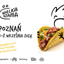Na białym tle leży taco, które jest wpisane w grafikę przedstawiającą osobę biorącą gryza.