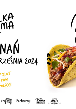 Na białym tle leży taco, które jest wpisane w grafikę przedstawiającą osobę biorącą gryza.