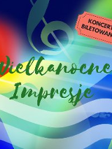 Zielony napis "Wielkanocne Impresje" na różnokolorowym tle.