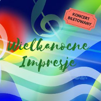 Zielony napis "Wielkanocne Impresje" na różnokolorowym tle.