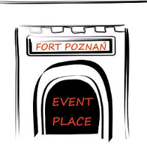 Logo Fort Poznań Event Place. Czarno-biała rysunkowa grafika przedstawia bramę fortu.
