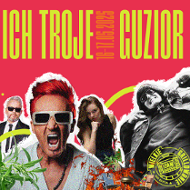 Plakat, który reklamuje Wielkie Grillowanie, zdjęcia artystów na czerwonym tle, żółte napisy, które informują o wydarzeniu.