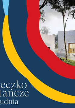 Plakat promujący Wielkopolskie Muzeum Niepodległości w Miasteczku Powstańczym. W prawym, górnym narożniku zdjęcie nowowczenych budynków, przed którymi przechadzają się powstańcy na koniach. Granatowe tło, obok czerwone, żółte i niebieskie wstążki.