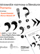 Na białym tle nadrukowane znaki interpunkcyjne. W prawym dolnym rogu książka z podobnym motywem.