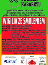 Plakat reklamujący wydarzenie Wigilia ze Smoleniem. Zawiera szczegółowe informacje o przebiegu wydarzenia, jego organizatorach i patronacie medialnym.