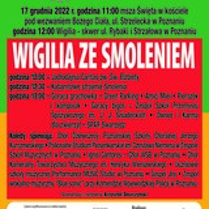 Plakat reklamujący wydarzenie Wigilia ze Smoleniem. Zawiera szczegółowe informacje o przebiegu wydarzenia, jego organizatorach i patronacie medialnym.