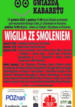 Plakat reklamujący wydarzenie Wigilia ze Smoleniem. Zawiera szczegółowe informacje o przebiegu wydarzenia, jego organizatorach i patronacie medialnym.