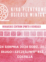 Różowate tło z grafiką, która przypomina taśmę filmową.