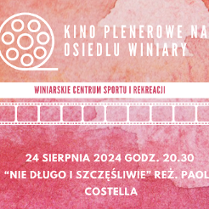 Różowate tło z grafiką, która przypomina taśmę filmową.