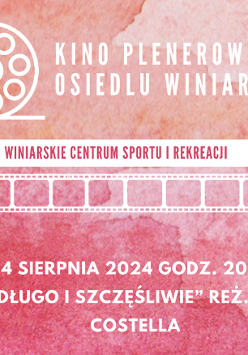 Różowate tło z grafiką, która przypomina taśmę filmową.