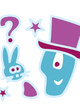 Kolorowa postać przedstawia iluzjonistę z cylindrze. Obok niego zając, nad którym wisi znak zapytania.