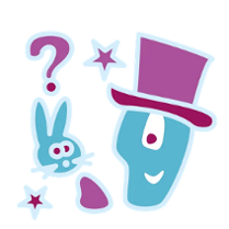 Kolorowa postać przedstawia iluzjonistę z cylindrze. Obok niego zając, nad którym wisi znak zapytania.