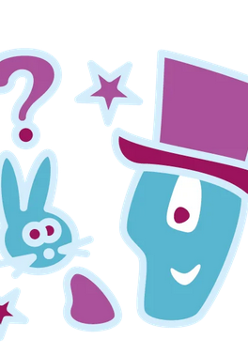 Kolorowa postać przedstawia iluzjonistę z cylindrze. Obok niego zając, nad którym wisi znak zapytania.