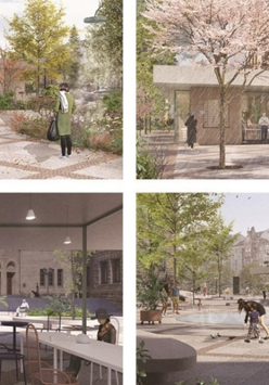 Wizualizacja przestrzeni przed CK Zamk: drzewo, stół z krzesłami, fontanna, kiosk.