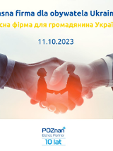 Grafika promocyjna bezpłatnego szkolenia pod tytułem Własna firma dla obywatela Ukrainy, Szkolenie odbędzie się 11 października 2023 r. w godzinach 10:00-12:00. Szkolenie poprowadzi pracownik Wydziału Działalności Gospodarczej i Rolnictwa.
