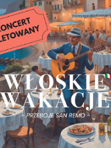 Obrazek z nadmorskiego miasteczka, ludzie siedzą przy stolikach, a między nimi spaceruje gitarzysta.