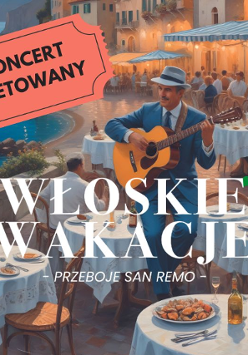 Obrazek z nadmorskiego miasteczka, ludzie siedzą przy stolikach, a między nimi spaceruje gitarzysta.