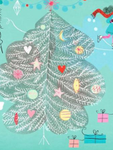 Świąteczny rysunek w pastelowych barwach. Choinka dookoła której narysowano różne elementy, m.in. parę łyżwiarzy, która trzyma serce, prezenty, ptaki, bałwana, renifera.