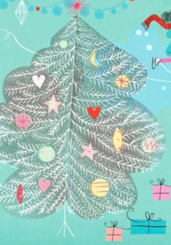 Świąteczny rysunek w pastelowych barwach. Choinka dookoła której narysowano różne elementy, m.in. parę łyżwiarzy, która trzyma serce, prezenty, ptaki, bałwana, renifera.