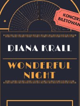 Plakat, który reklamuje koncert Diany Krall, na czarnym tle rysunek schematyczny sceny, napisy informujące o wydarzeniu.