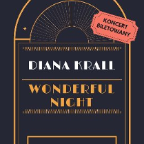 Plakat, który reklamuje koncert Diany Krall, na czarnym tle rysunek schematyczny sceny, napisy informujące o wydarzeniu.