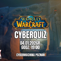 Zrzut ekranu z gry przedstawia kamienny łuk z rzeźbionym wężem i dwoma postaciami z mieczami. Na środku logo gry World of Warcraft.