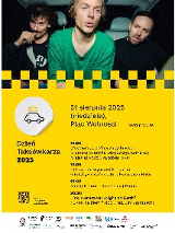 Plakat reklamujący Wspólne świętowanie z okazji Dnia Taksówkarza. Na żółtym tle zdjęcie wnętrza taksówki z pasażerami obok napisy, kótre informują o wydarzeniu.