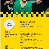 Plakat reklamujący Wspólne świętowanie z okazji Dnia Taksówkarza. Na żółtym tle zdjęcie wnętrza taksówki z pasażerami obok napisy, kótre informują o wydarzeniu.