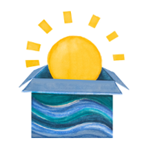 Niebieskie pudełko a z niego wychodzi żółte słońce.