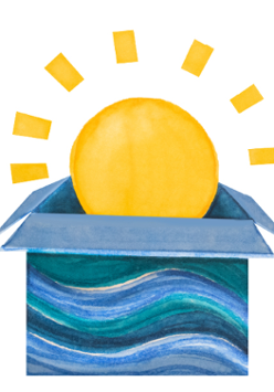 Niebieskie pudełko a z niego wychodzi żółte słońce.