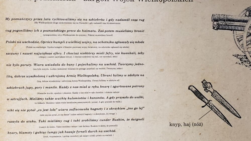 Tablica z fragmentami wojennych wspomnień w gwarze poznańskiej oraz ich tłumaczenia na język powszechny