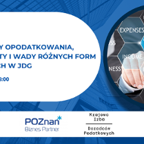 Grafika Promocyjna informująca o szkoleniu pt. Wybór formy opodatkowania, zasady, zalety i wady różnych form podatkowych w JDG. Na obrazku widnieje w okręgu zdjęcie gdzie pisze TAX i jest to wskazywane przez pana ręką