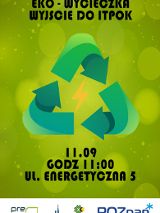 Plakat, na zielonym tle znak recyklingu (trzy strzałki).