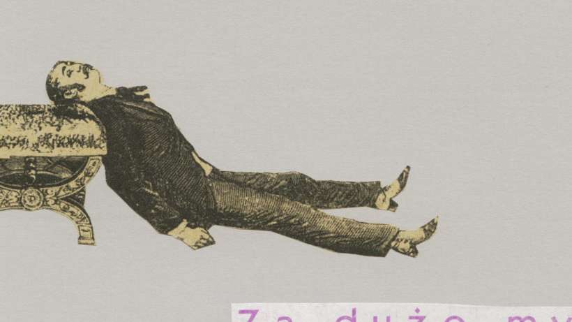 Grafika przedstawia zmęczonego, leżącego mężczyznę, który głowę opiera o krzeszło oraz napis "Za dużo myśli".