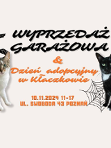 Zdjęcie to reklama garażowej wyprzedaży i wydarzenia adopcyjnego. Zawiera obraz dwóch kotów, jednego czarnego i jednego pręgowanego, oraz informacje o dacie, godzinie i lokalizacji wydarzenia. W tle widoczna jest pajęczyna i nietoperze, co prawdopodobnie ma przekazać tematykę halloweenową.