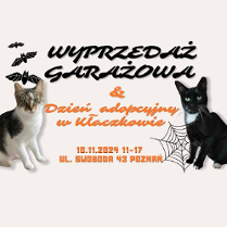 Zdjęcie to reklama garażowej wyprzedaży i wydarzenia adopcyjnego. Zawiera obraz dwóch kotów, jednego czarnego i jednego pręgowanego, oraz informacje o dacie, godzinie i lokalizacji wydarzenia. W tle widoczna jest pajęczyna i nietoperze, co prawdopodobnie ma przekazać tematykę halloweenową.