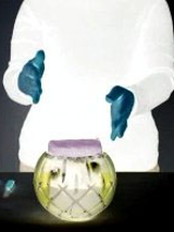 Negatyw. Na stole wazon w kształcie kuli, za nim postać, w tle bukiet kwiatów.