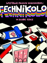 Plakat utrzymany jest w stylu pop-artowym z jasnymi, nasyconymi kolorami. Na czarno-białym tle w szachownicę znajdują się kolorowe elementy graficzne, takie jak kula dyskotekowa z motywem mozaiki, farby, kredki, paleta malarska, koktajl w kieliszku, gumka do mazania oraz inne przedmioty. Tytuł "Technikolor" jest przedstawiony w dużej, białej czcionce z tęczowym cieniowaniem, co przyciąga uwagę i podkreśla dynamiczny charakter plakatu.