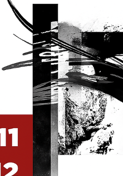 Plakat w stylu abstrakcyjnym z napisami "WSZYSTKIM JESTES" oraz datami "od 27/11 do 17/12" na czerwonym tle, z czarno-białymi elementami graficznymi i dynamicznymi liniami.