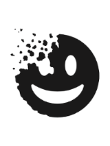 Grafika, na białym tle czarna buźka z uśmiechem. Lewa strona głowy rozpada się na kawałki.