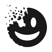 Grafika, na białym tle czarna buźka z uśmiechem. Lewa strona głowy rozpada się na kawałki.