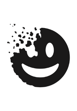 Grafika, na białym tle czarna buźka z uśmiechem. Lewa strona głowy rozpada się na kawałki.