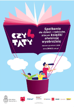 grafika to plakat przedstawiający rodzinę lecącą balonem. Zamiast powłoki balona gondolę unosi książka z napisem czytaty 4.