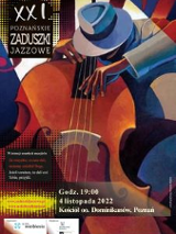 Obrazek przedstawia plakat promujący dwudzieste pierwsze poznańskie zaduszki jazzowe. Jest na nim widoczna namalowana postać muzyka, grającego na kontrabasie.