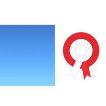 z lewej - niebieskie tło, z prawej - biało-czerwony kotylionrwony