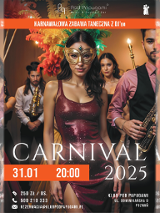 Kobieta i kilka osób w strojach karnawałowych, informacje o zabawie karnawałowej.