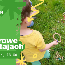 Baner, po lewej stronie na zielonym tle opis wydarzenia, po prawej zdjęcie dziecka bawiącego się na trawie.