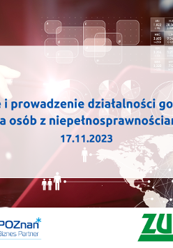 Grafika promocyjna bezpłatnego szkolenia pod tytułem "Zakładanie i prowadzenie działalności gospodarczej dla osób z niepełnosprawnościami", szkolenie odbędzie 17 listopada br.