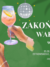 Na zielonym tle trzy rysunki dłoni trzymających drinki. Po prawej biały napis "Zakończenie wakacji w rytmie abby". Szczegółowe informacje o wydarzeniu w artykule.