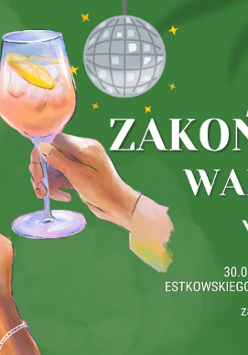 Na zielonym tle trzy rysunki dłoni trzymających drinki. Po prawej biały napis "Zakończenie wakacji w rytmie abby". Szczegółowe informacje o wydarzeniu w artykule.
